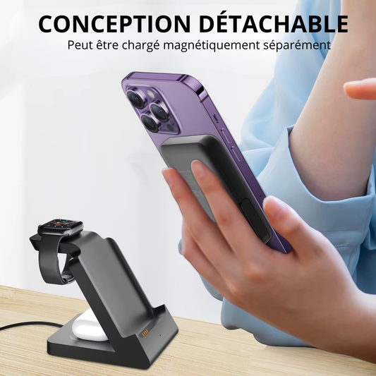 batterie externe detachable 3 en 1 charge sans fil magnetique 15w magsafe conception