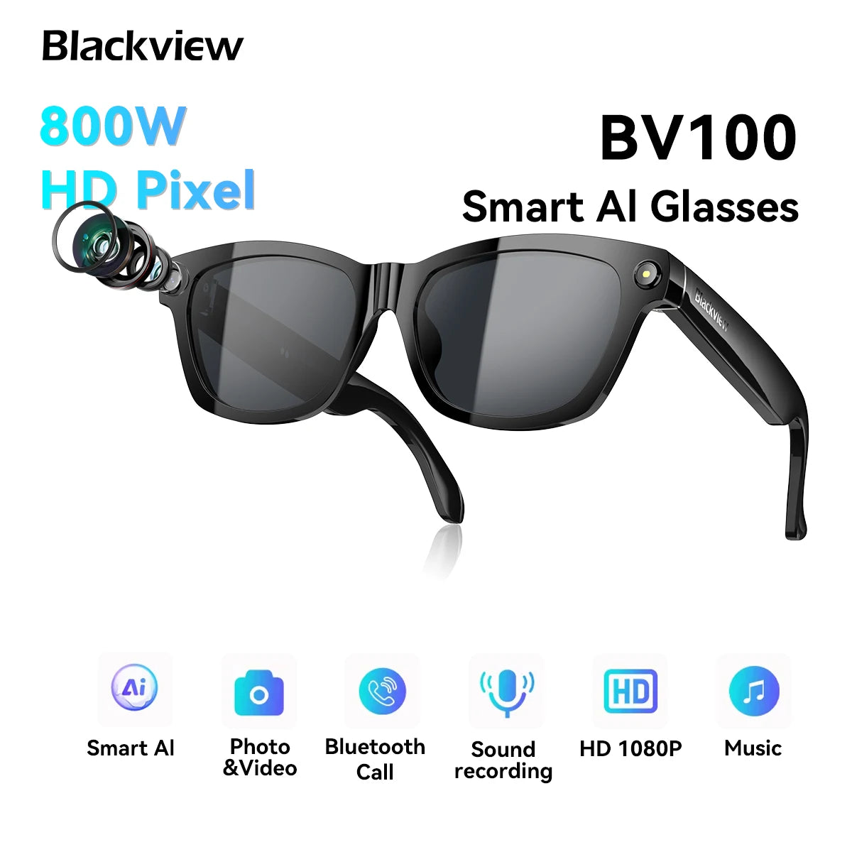Blackview BV100 Lunettes intelligentes Bluetooth AI avec caméra d'enregistrement vidéo 8MP, lunettes de soleil avec traduction en temps réel, WiFi et BT 5.4