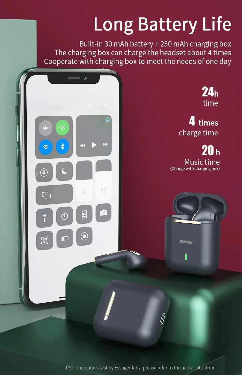 Wireless earbuds with charging case and smartphone showing connectivity, highlighting long battery life and charging features