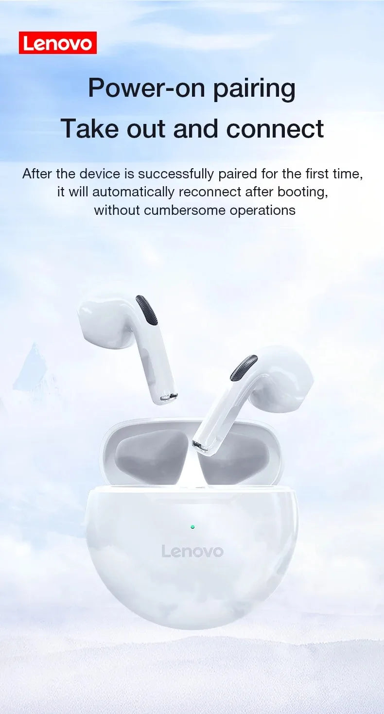 Lenovo wireless earbuds with charging case floating in sky background showing power-on pairing feature for easy automatic reconnection