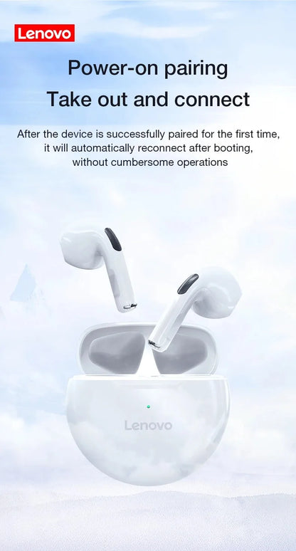 Lenovo wireless earbuds with charging case floating in sky background showing power-on pairing feature for easy automatic reconnection