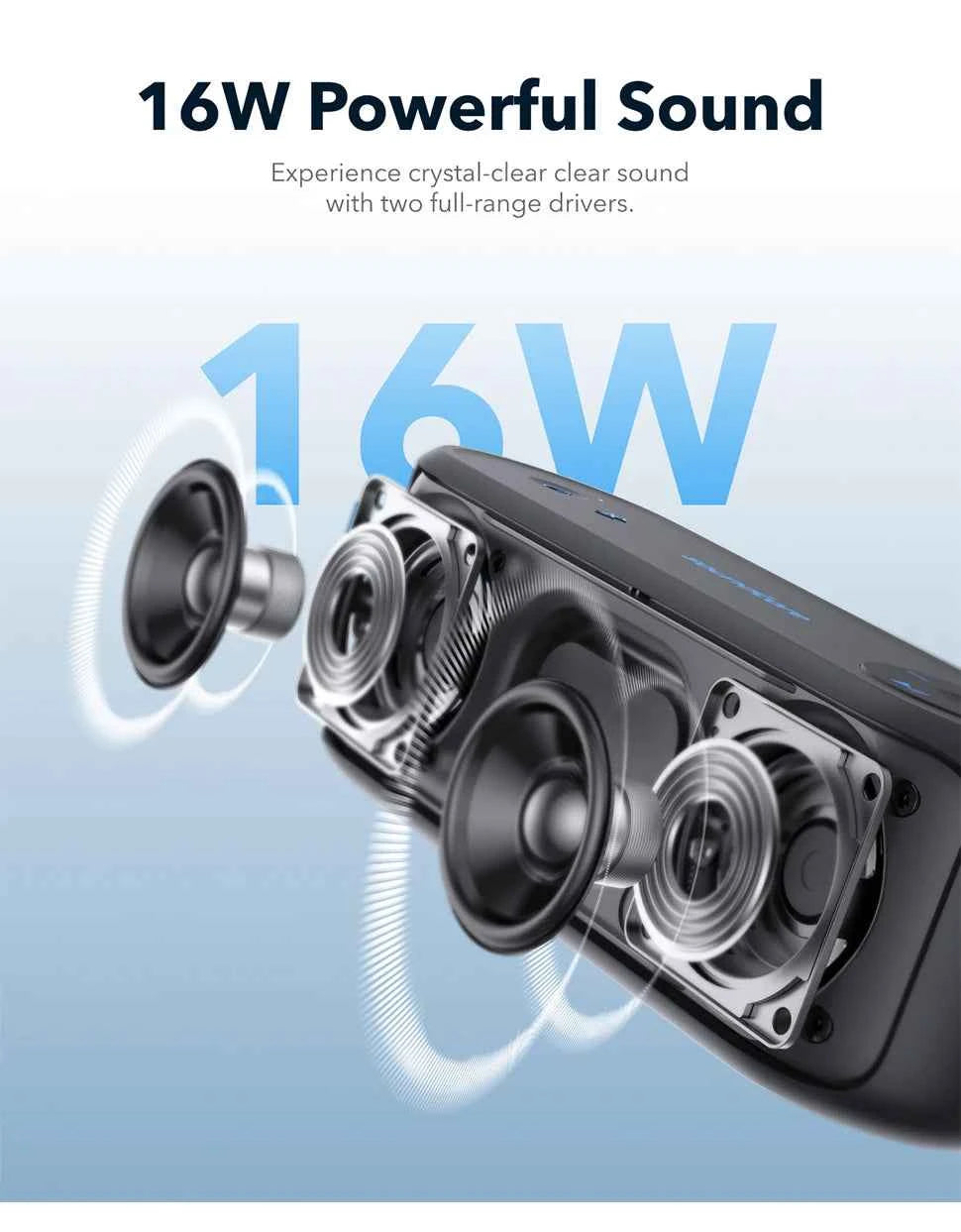 Soundcore Select 3 Haut-parleur extérieur, 16 W, technologie BassUp, autonomie de 20 heures, étanche IPX7