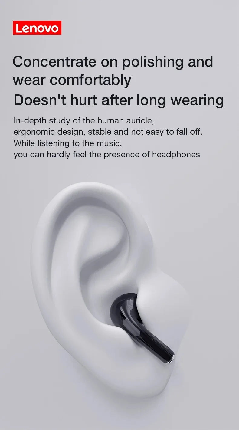 Lenovo ergonomic black wireless earbud in white ear showing comfortable, stable fit for long wear