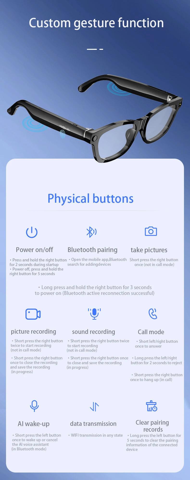 Blackview BV100 Lunettes intelligentes Bluetooth AI avec caméra d'enregistrement vidéo 8MP, lunettes de soleil avec traduction en temps réel, WiFi et BT 5.4