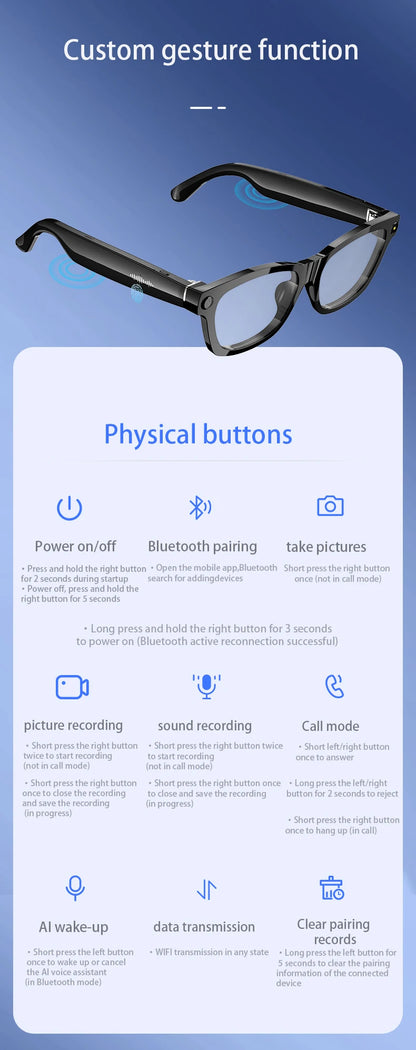 Blackview BV100 Lunettes intelligentes Bluetooth AI avec caméra d'enregistrement vidéo 8MP, lunettes de soleil avec traduction en temps réel, WiFi et BT 5.4