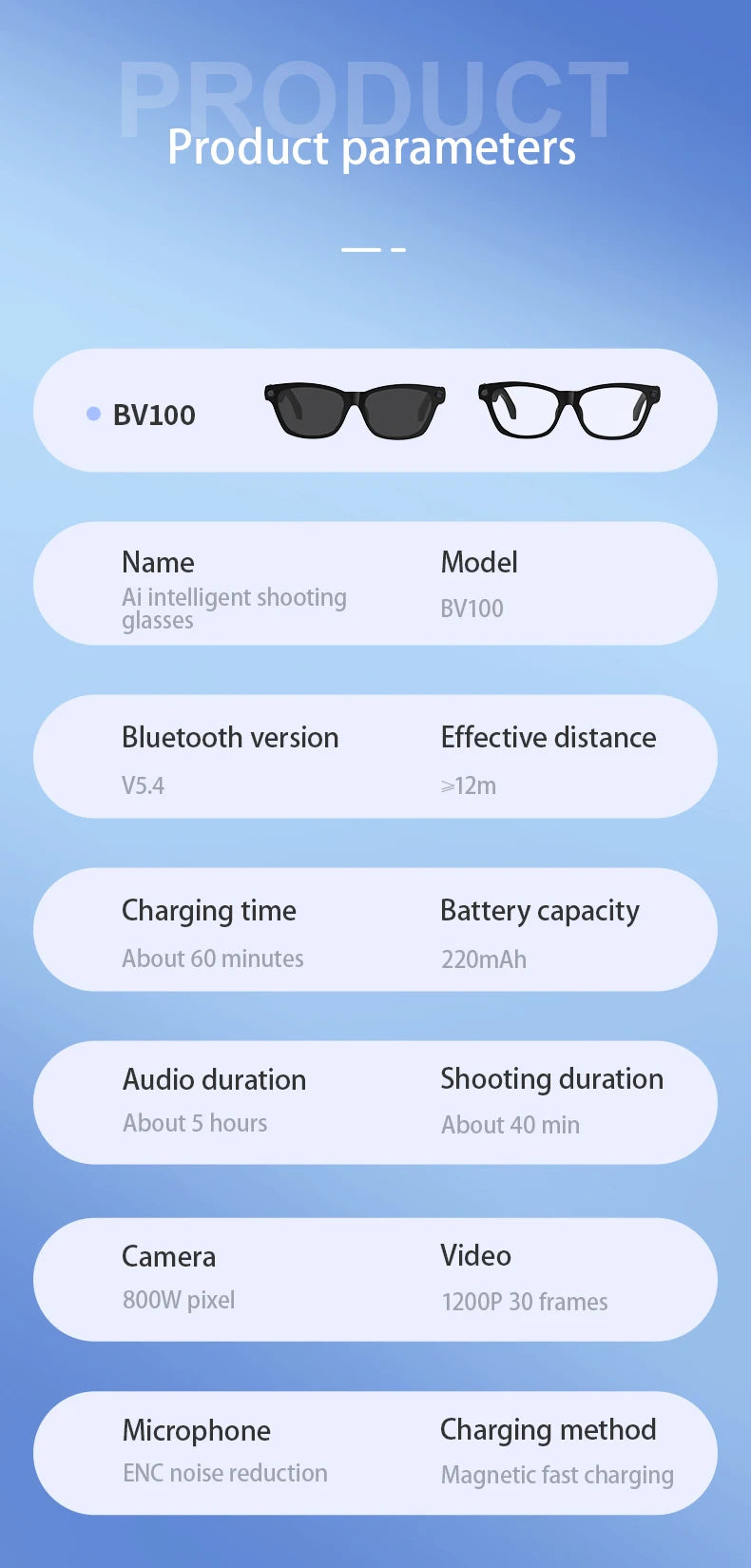 Blackview BV100 Lunettes intelligentes Bluetooth AI avec caméra d'enregistrement vidéo 8MP, lunettes de soleil avec traduction en temps réel, WiFi et BT 5.4