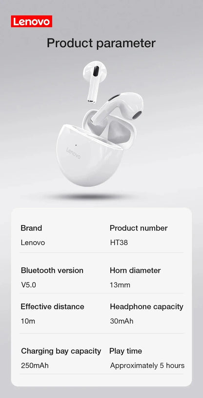 Lenovo HT38 white wireless Bluetooth earbuds with charging case and product specifications