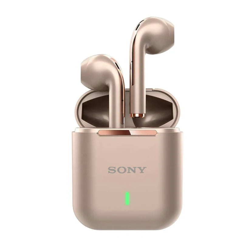 Sony wireless earbuds in rose gold with charging case and green LED indicator