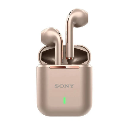 Sony wireless earbuds in rose gold with charging case and green LED indicator