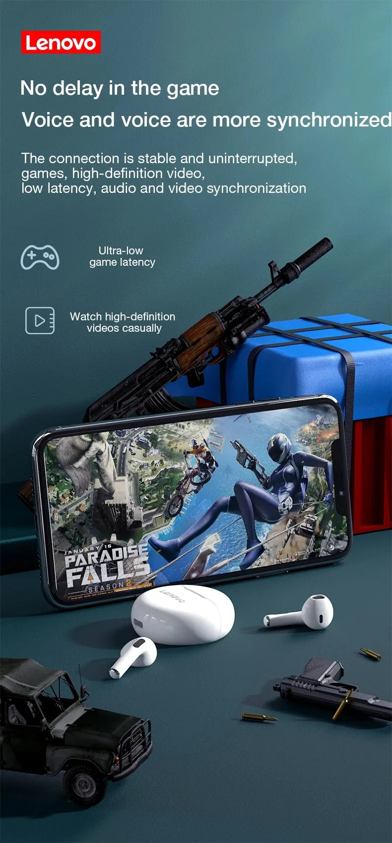 Lenovo wireless earbuds with charging case beside smartphone showing Paradise Falls game, toy gun, rifle, and miniature jeep on blue surface
