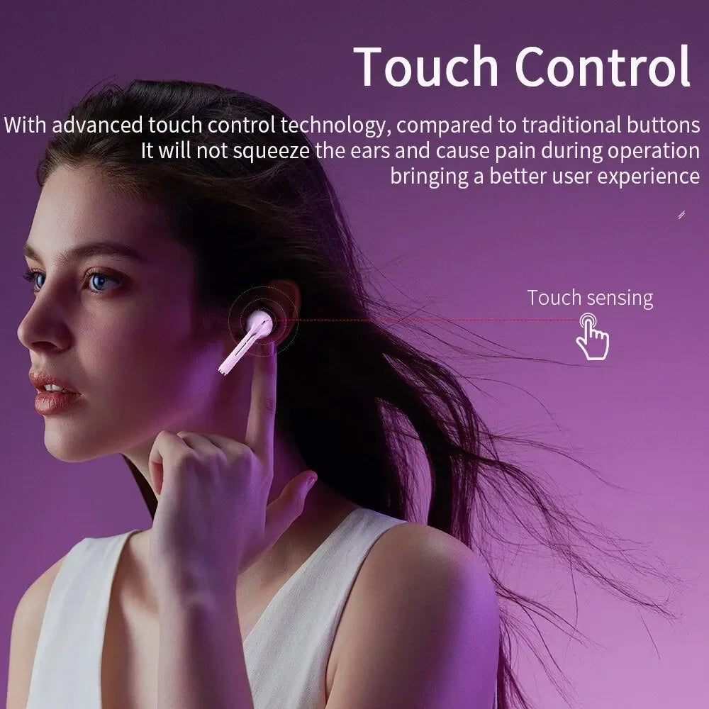 Woman wearing wireless earbuds with touch control technology on purple background