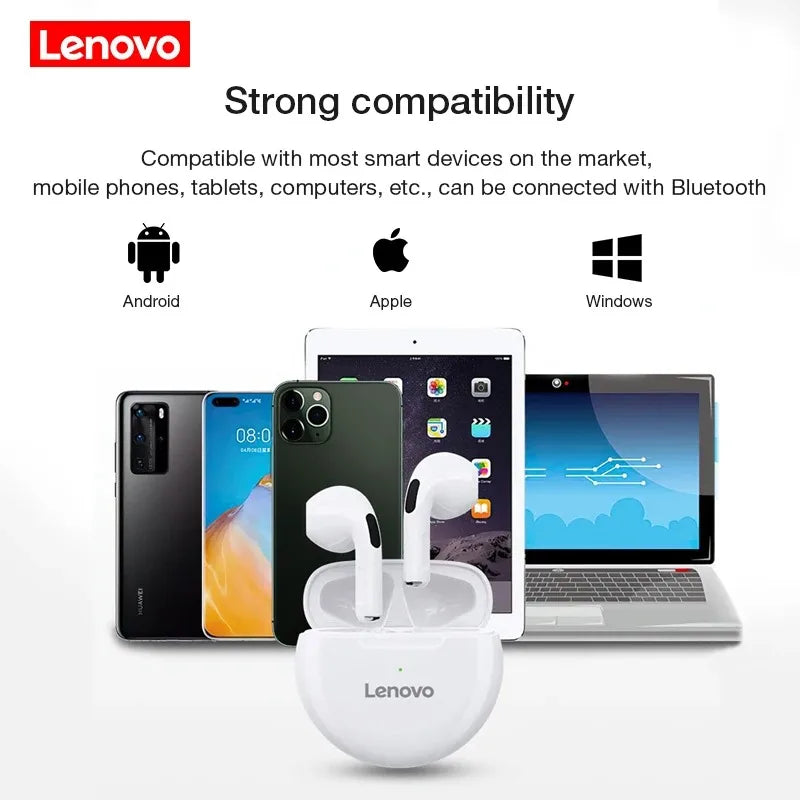 Lenovo wireless earbuds with open charging case and compatible devices including Android, Apple, and Windows shown