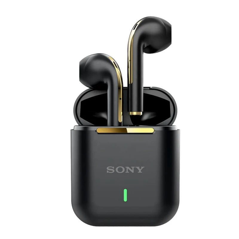 Sony wireless black earbuds with gold accents in open black charging case on white background