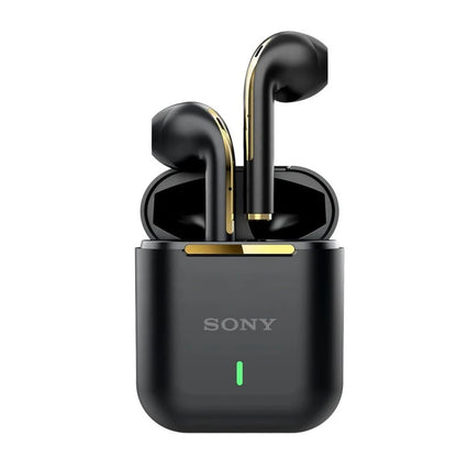 Sony wireless black earbuds with gold accents in open black charging case on white background