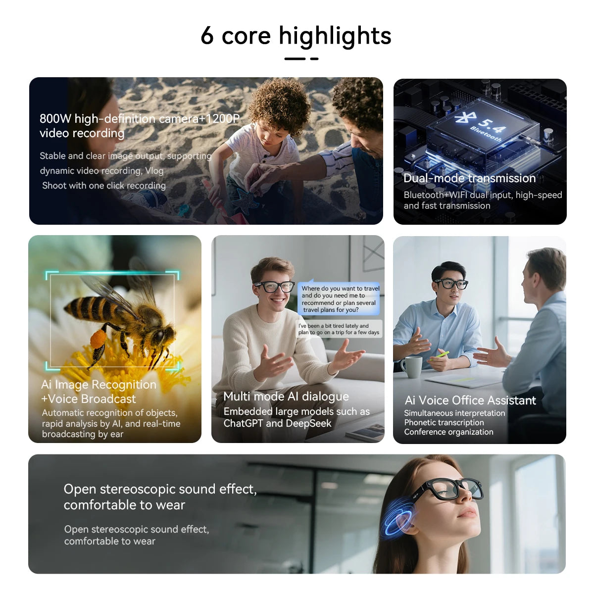 Blackview BV100 Lunettes intelligentes Bluetooth AI avec caméra d'enregistrement vidéo 8MP, lunettes de soleil avec traduction en temps réel, WiFi et BT 5.4