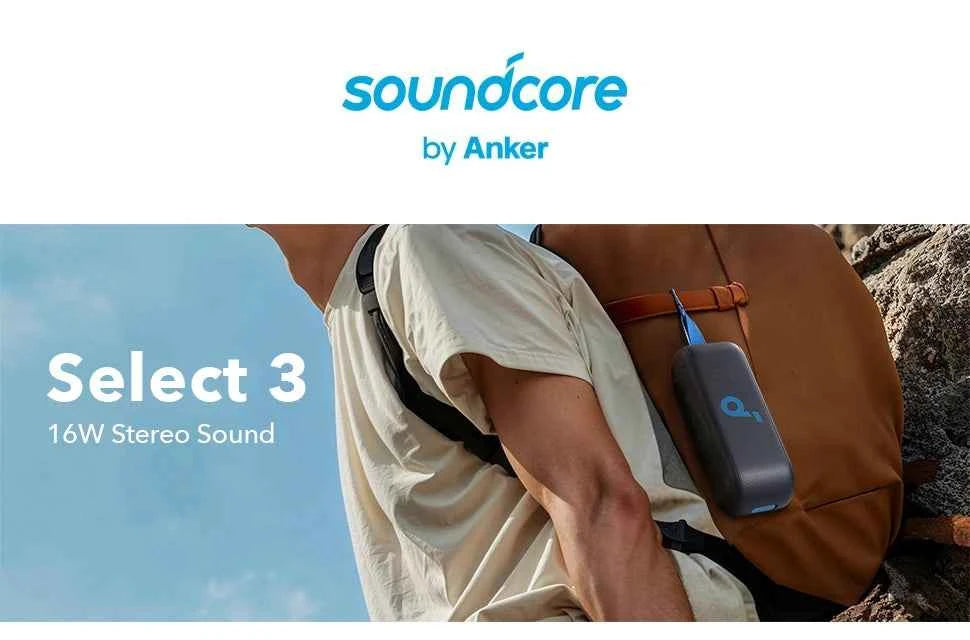 Soundcore Select 3 Haut-parleur extérieur, 16 W, technologie BassUp, autonomie de 20 heures, étanche IPX7