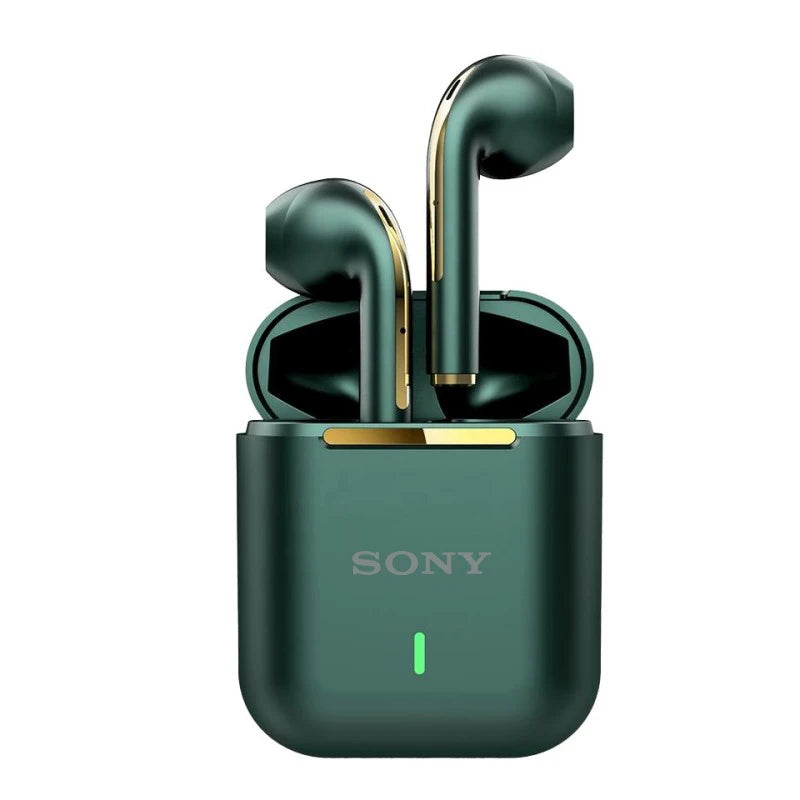 Green Sony wireless earbuds with gold accents in open charging case featuring LED indicator