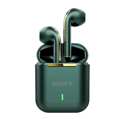 Green Sony wireless earbuds with gold accents in open charging case featuring LED indicator