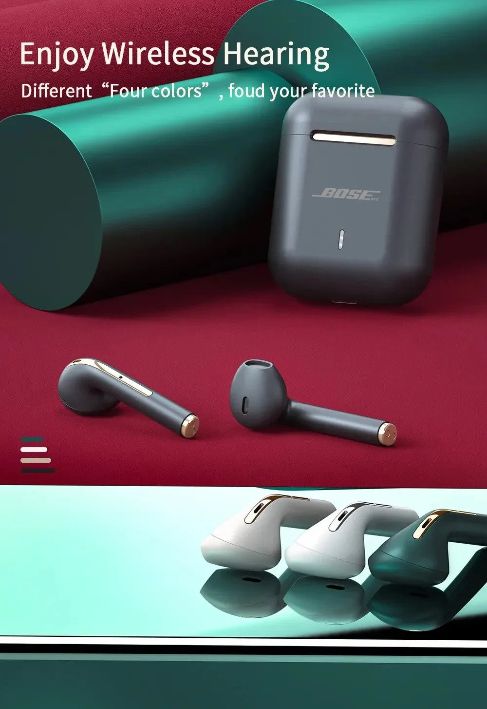 Bose wireless earphones in black with charging case on red surface and three color options displayed below