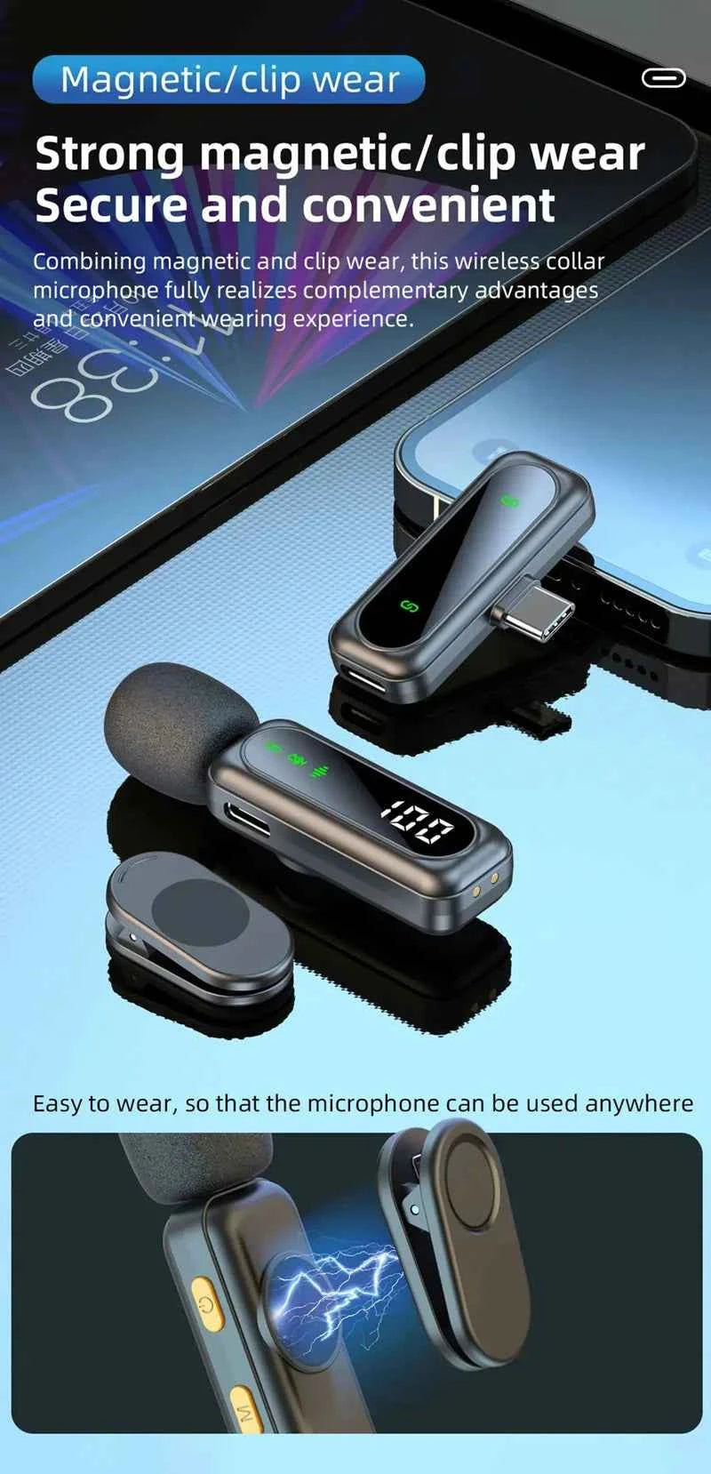 Microphone Lavalier magnétique sans fil, Portable, réduction du bruit, enregistrement Audio, type-c, pour iPhone15 16, Android, PC en direct