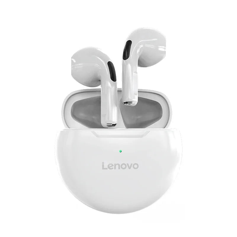 Lenovo white wireless earbuds with charging case open, modern smart gadget with LED indicator
