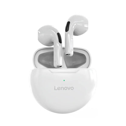 Lenovo white wireless earbuds with charging case open, modern smart gadget with LED indicator