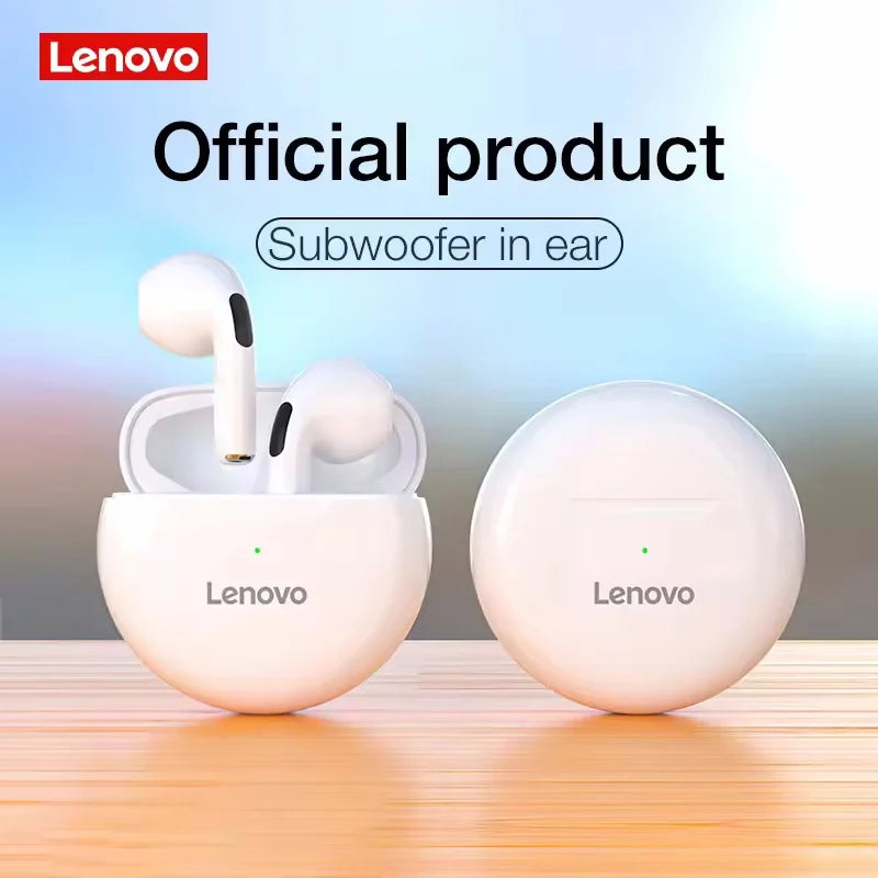 Lenovo official white wireless earbuds with subwoofer feature and charging case on wooden surface