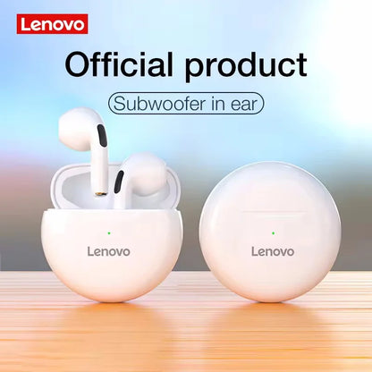 Lenovo official white wireless earbuds with subwoofer feature and charging case on wooden surface
