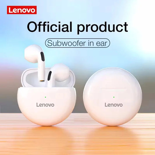 Lenovo official white wireless earbuds with subwoofer feature and charging case on wooden surface